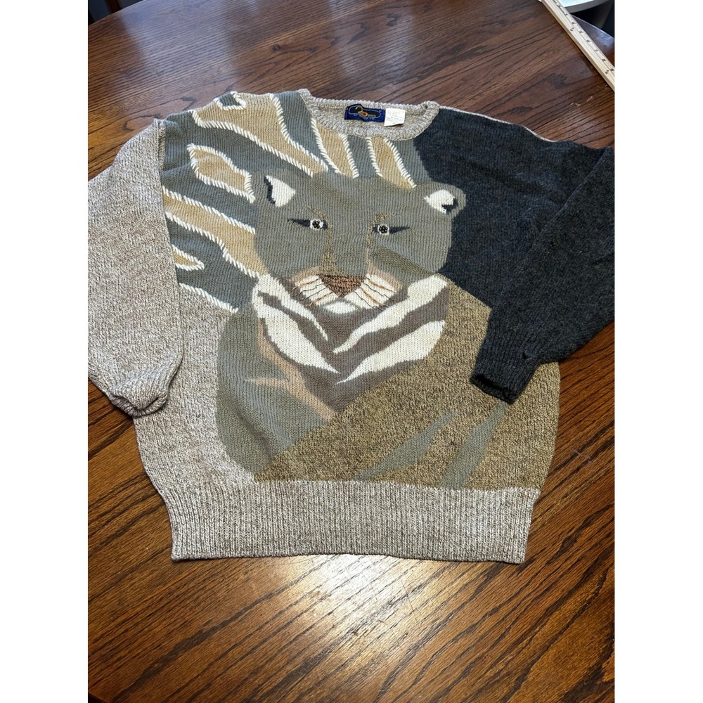 Vintage 20 Ans by Mariea Kim Lion Intarsia Wool Blend Sweater Gray Tan Women's M
